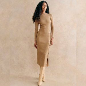NWOT Sezane Harper Dress in Light Camel Midi Long Sleeves Wool Cotton Button
